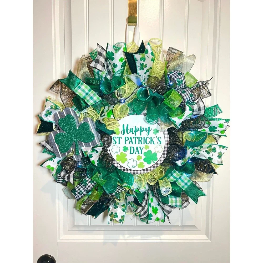 Handmade Happy St. Patrick’s Day Ribbon Prelit Wreath 22 ins LED W7